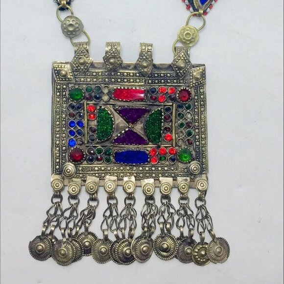 Blue and Green Long Chain Pendant Necklace, Kuchi Big Antique Pendant - Picture 2 of 9